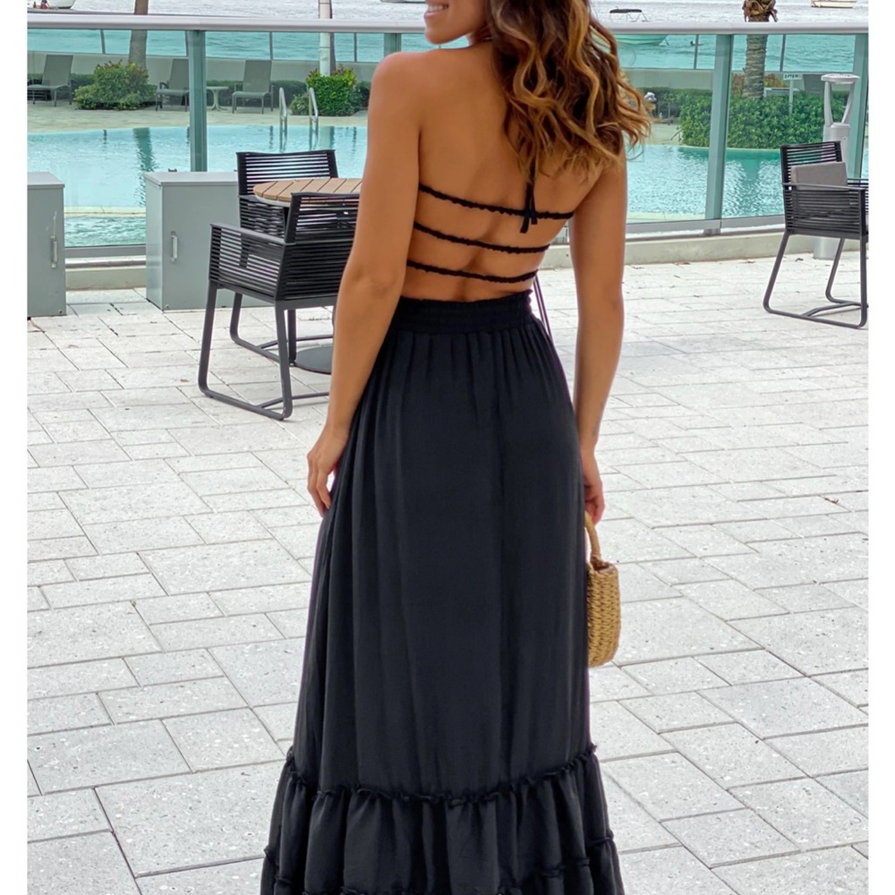 Boutique Black Strappy Back Maxi Dress Smocked Waist Ruffle Hem Small